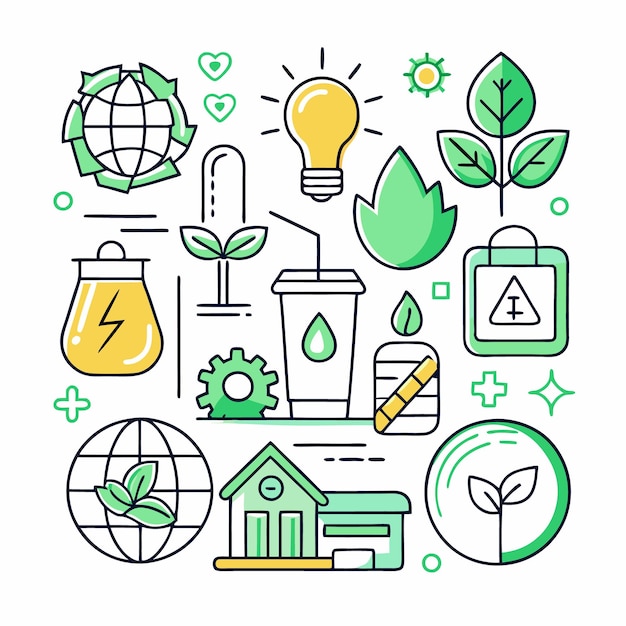 Green energy icons including Earth lightbulb leaves plant energy house and more