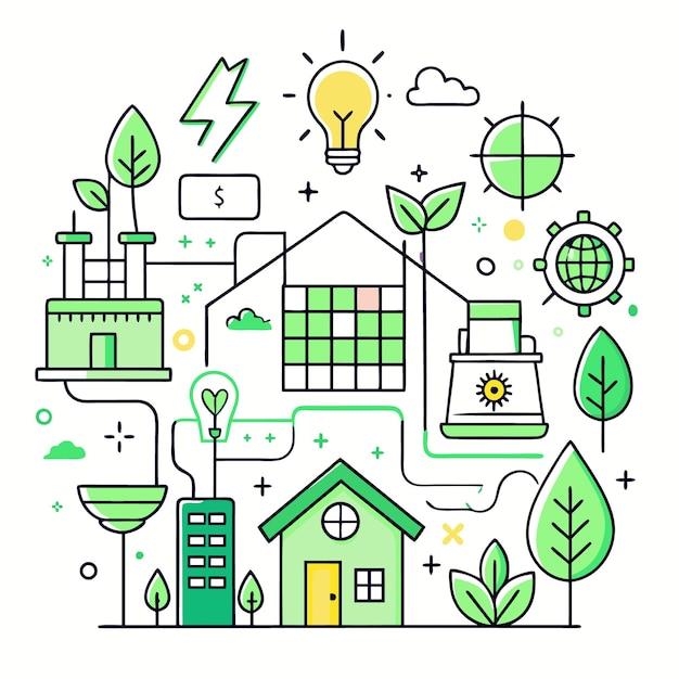 Green Energy Illustration with Buildings Light Bulbs and Nature