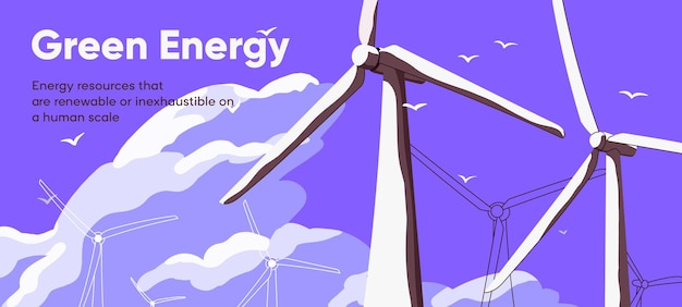 Green energy landing web page design with windmill turbines Renewable sustainable power station banner background with eco wind mills for alternative electricity source Flat vector illustration