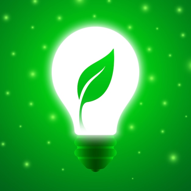 Green energy light bulb with growing leaf and light sparkles Eco electricity concept vector poster