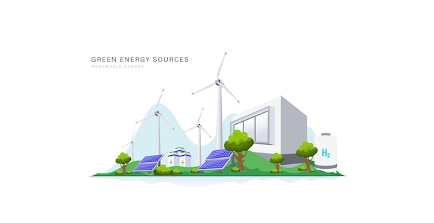 Vector green energy power plant with solar and wind source background concept clean electric energy and renewable source for future sustainable world vector illustration