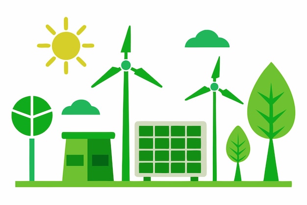 Green Energy Vector Collection Solar Panels and Wind Turbines Illustration