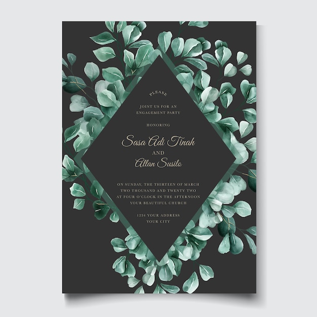 Vector green eucalyptus wedding invitation card template