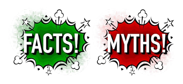 Green Facts and red Myths banner in pop style in boom bubble Simple facts and myths sign true and false Vector illustration