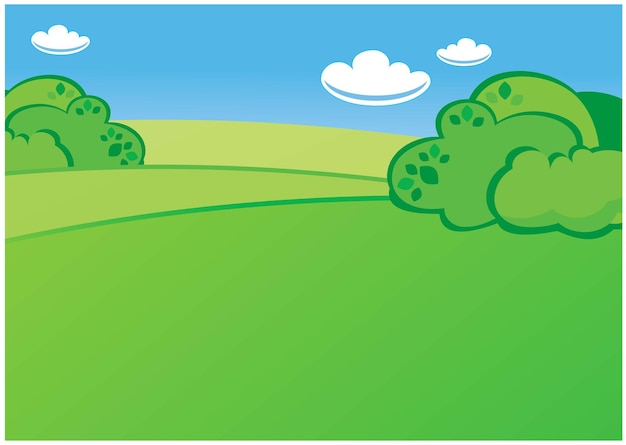 Green field with bushes blue sky white clouds vector illustration funny cartoon for children