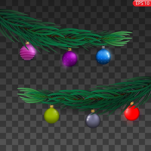 Green fir branch red balls lights isolated on a transparent background Pine tree Christmas everg