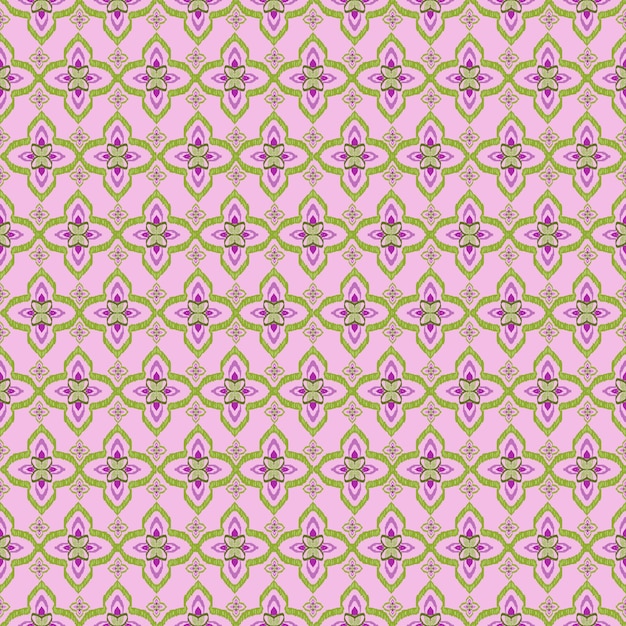 Green flower ikat seamless fabric pattern background ethnic art design illustration decoration