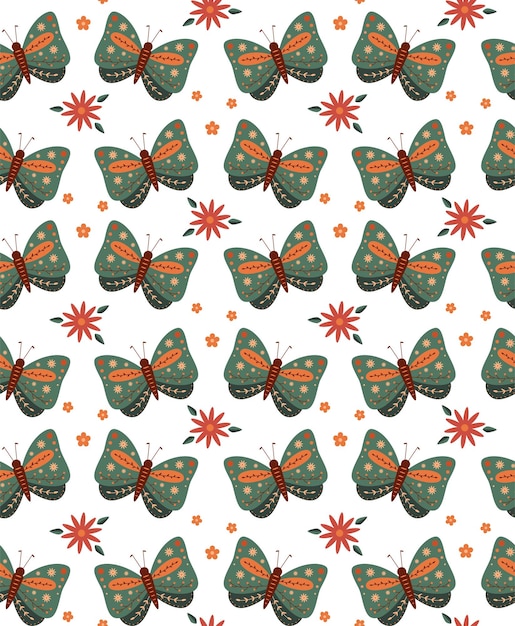 Green folk butterfly on a white seamless pattern