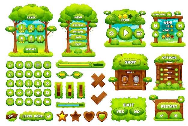 Green forest game interface Ui game buttons set