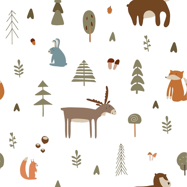 Green forest with animals Seamless pattern for fabric paper and other print and web projects