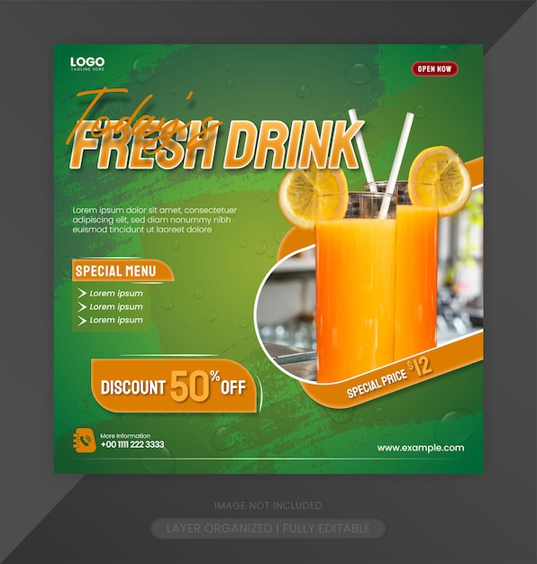 Green Fresh Drink Flyer for Social Media Banner Post Template