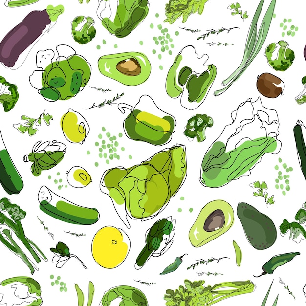 Green fresh vegetables and fruits seamless pattern hand drawing Vector illustration