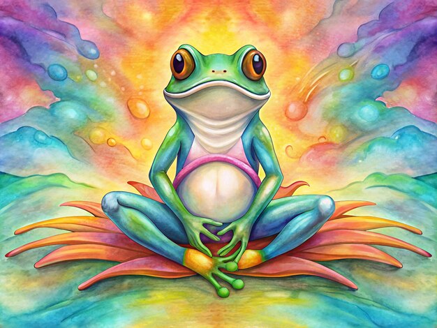 Vector green frog in lotus position on rainbow flower