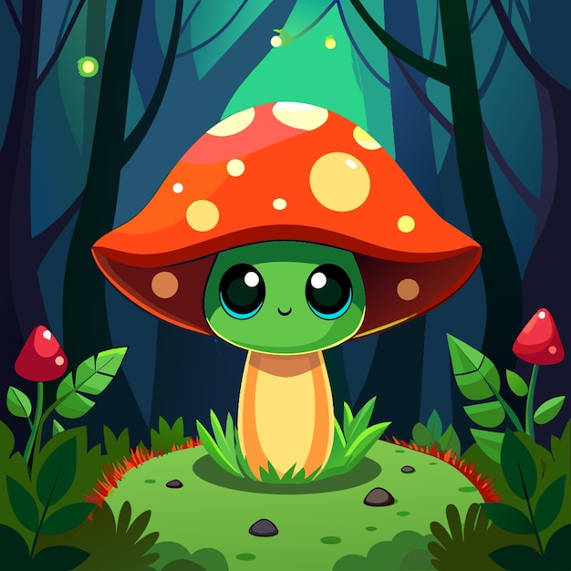 a green frog with a red hat on a mushroom