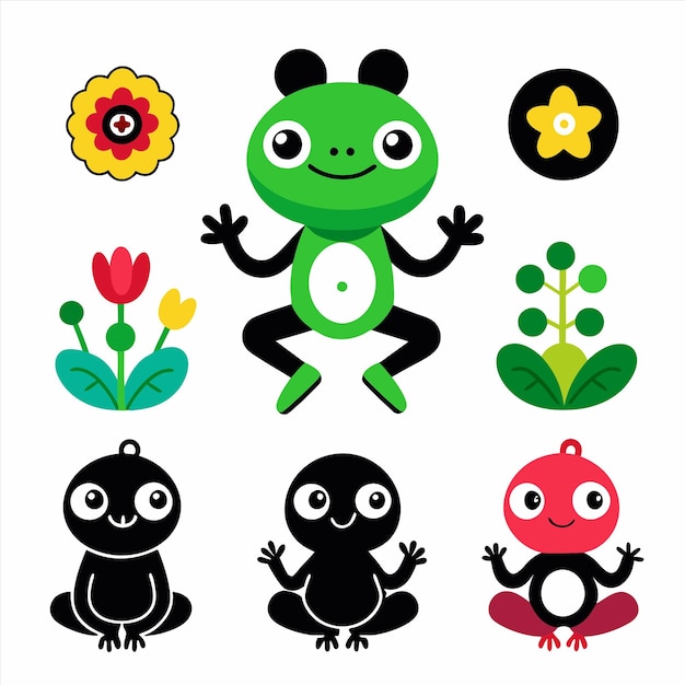 Vector a green frog with a white background with a flower in the middle