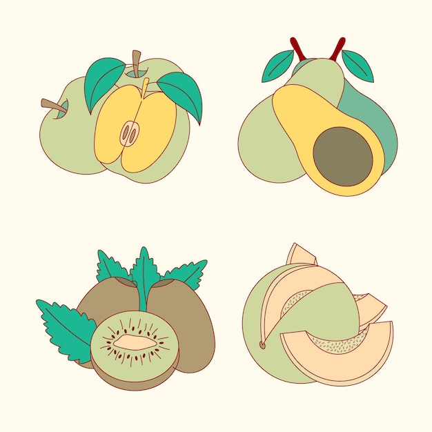 Green fruit set of apple avocado kiwi and melon flat design illustration