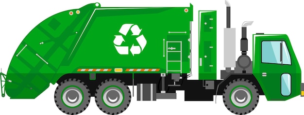 Vector green garbage truck with recycle symbol on the side in flat style vector illustration