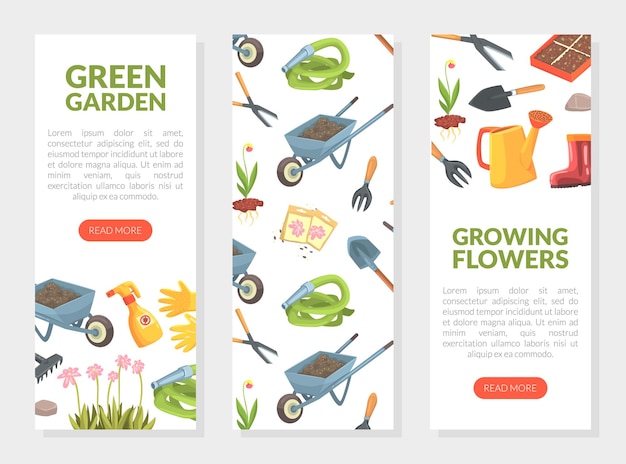 Vector green garden growing flowers web banners set with garden equipment seamless pattern and place for text gardening farming and agriculture concept vector illustration