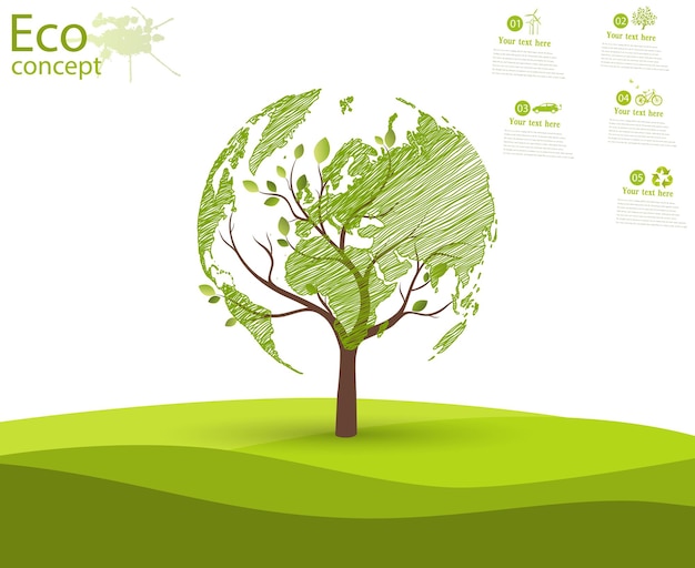 Green globe on the tree Tree with globe on grass Eco friendly The concept of ecology