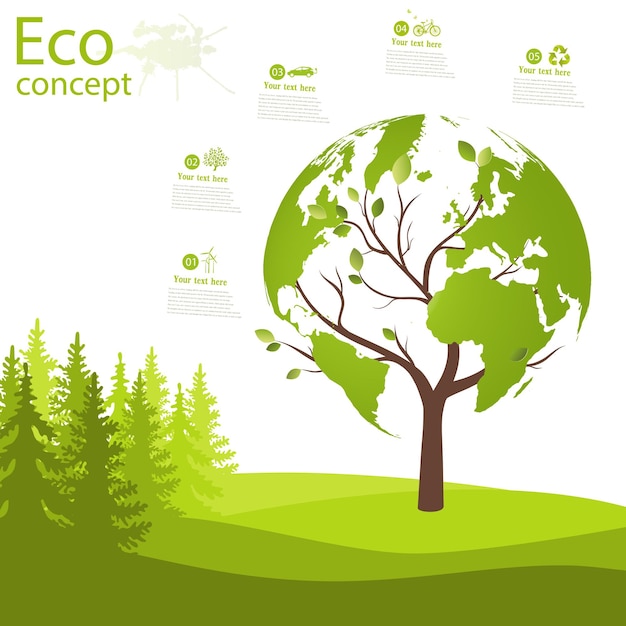 Green globe on the tree Tree with globe on grass Eco friendly The concept of ecology