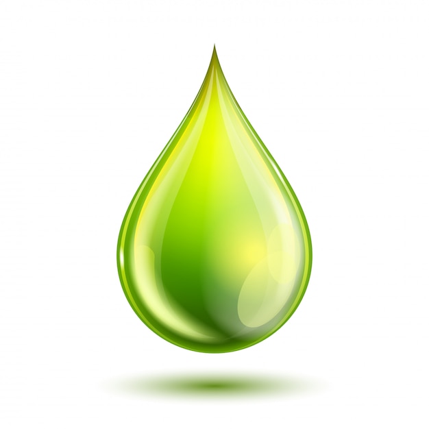 Green glossy drop isolated on white. Biofuel concept