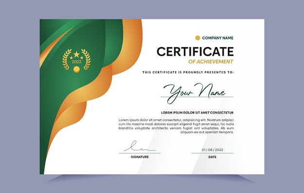 Green and gold certificate of achievement template. For award, business, and education needs