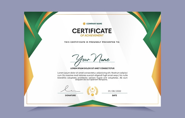 Green and gold certificate of achievement template. For award, business, and education needs