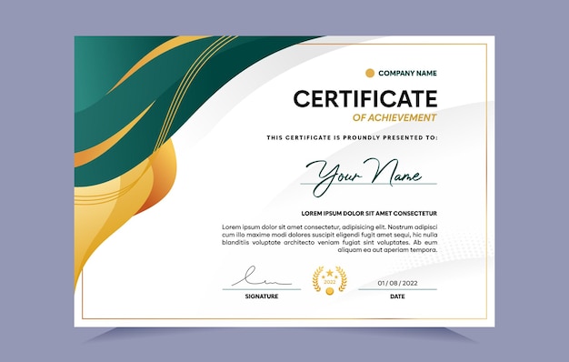 Green and gold certificate of achievement template. For award, business, and education needs