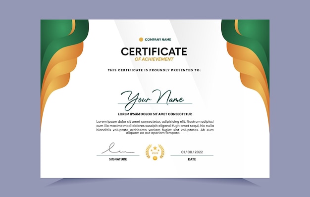 Green and gold certificate of achievement template. For award, business, and education needs