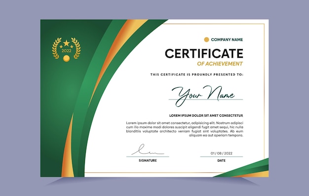 Green and gold certificate of achievement template. For award, business, and education needs