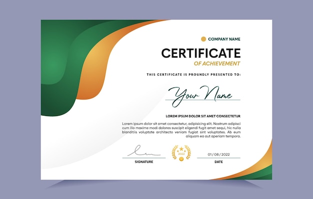 Green and gold certificate of achievement template. For award, business, and education needs