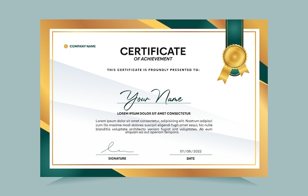 Green and gold certificate of achievement template set with gold badge and border