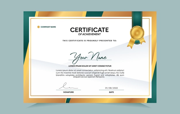 Green and gold certificate of achievement template set with gold badge and border