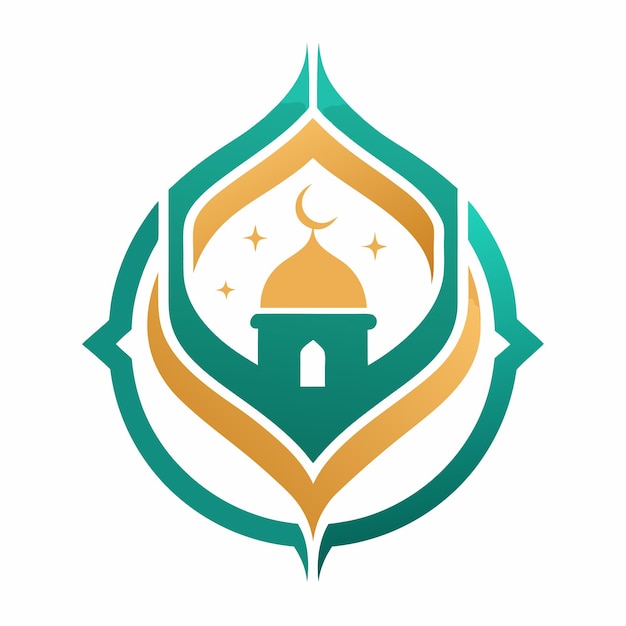 a green and gold logo with a mosque on it