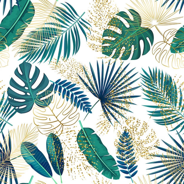 Green and golden tropical leaves seamless pattern