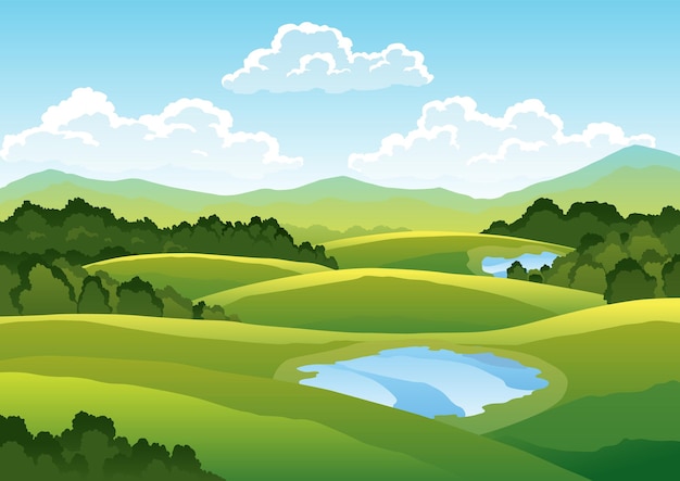 Green golf course. Countryside beautifle background. Hand drawn nature landscape with tree, green grass and lake