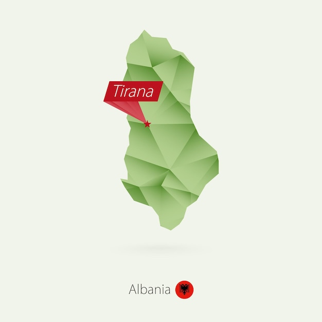 Green gradient low poly map of Albania with capital Tirana