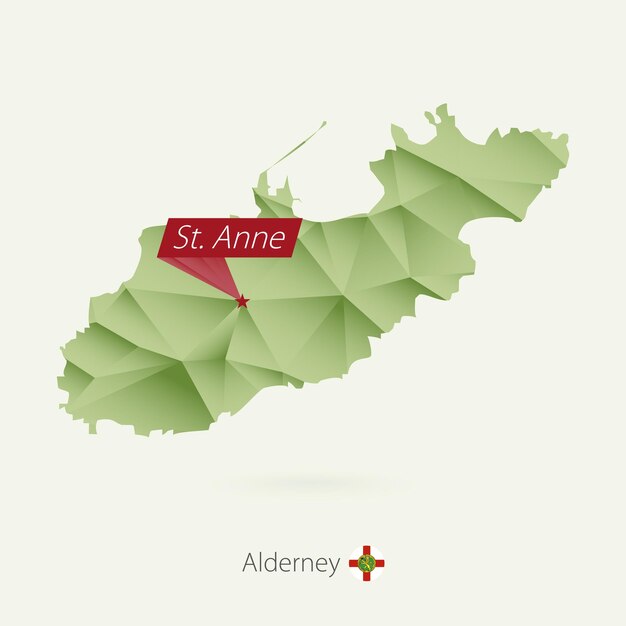 Green gradient low poly map of Alderney with capital St Anne