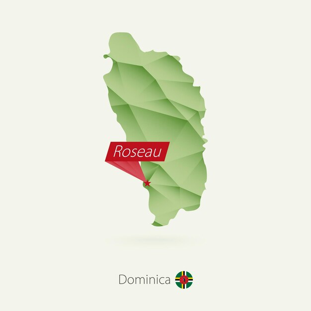 Green gradient low poly map of Dominica with capital Roseau