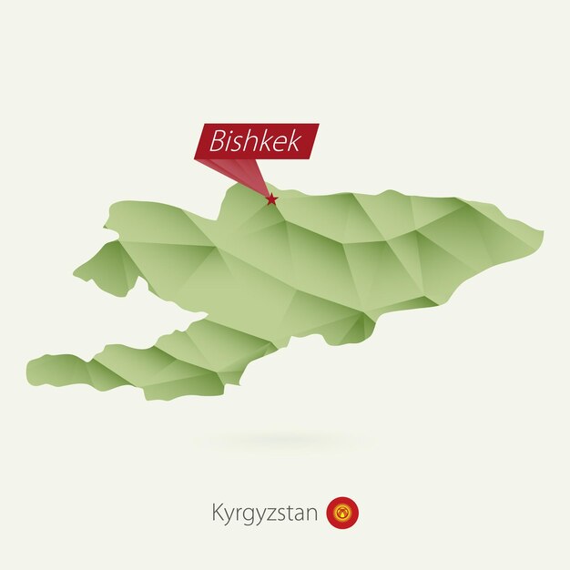 Green gradient low poly map of Kyrgyzstan with capital Bishkek