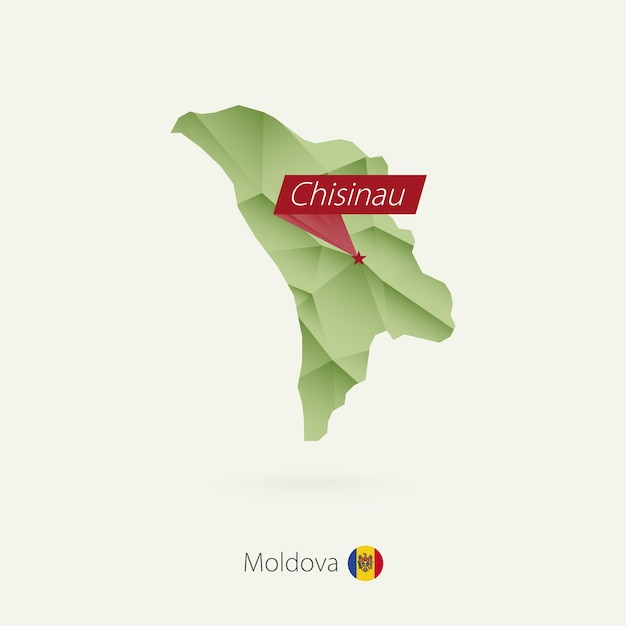 Green gradient low poly map of Moldova with capital Chisinau