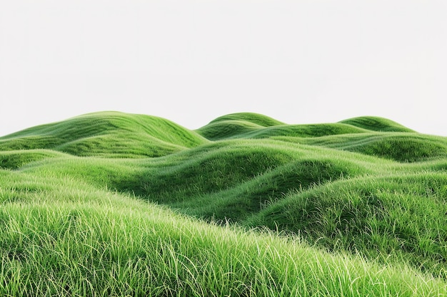 Green grass growing on hills with white background top view