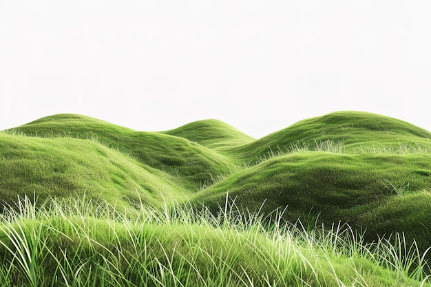 Green grass growing on hills with white background top view