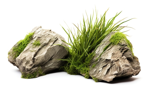 Green grass and moss with sand and decorative stone rock isolated on white background