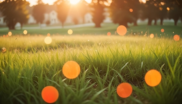 Vector a green grassy field in the sunlight with a blurred background of trees and a bright orange glow the image is focused on the grass with blurry orange circles representing the suns rays