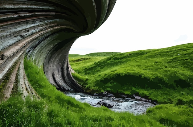 a green grassy field with a stream running through it