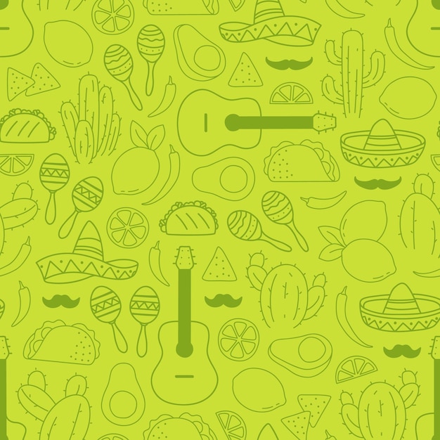 Green on green Cinco de Mayo seamless pattern of line drawing