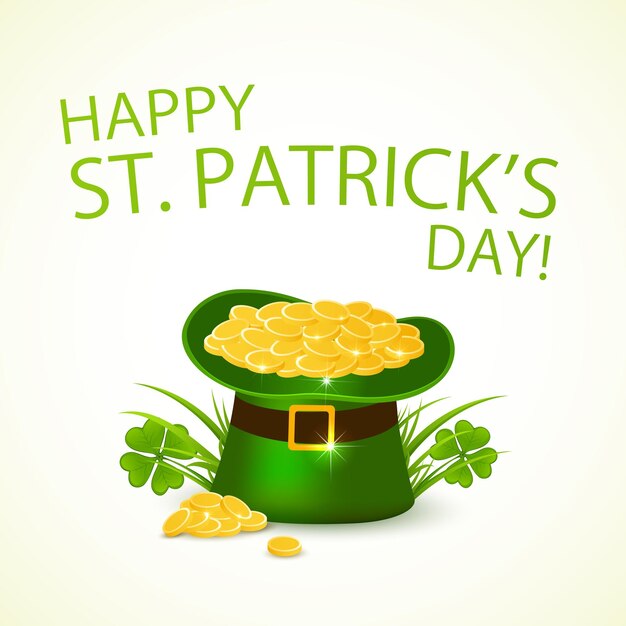 Green hat of leprechaun with golden coins in clover in background of Happy Patrick's Day illustration