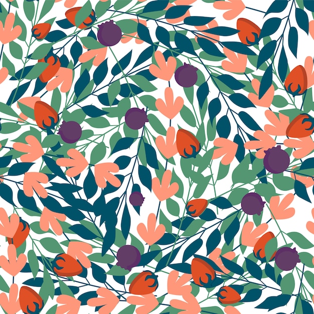 Green herbal leaves and wild berries seamless pattern