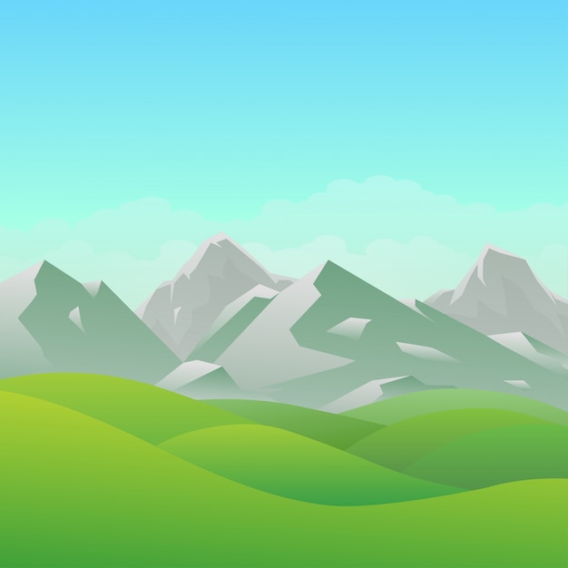 Vector green hill landscape with mountains, blue sky